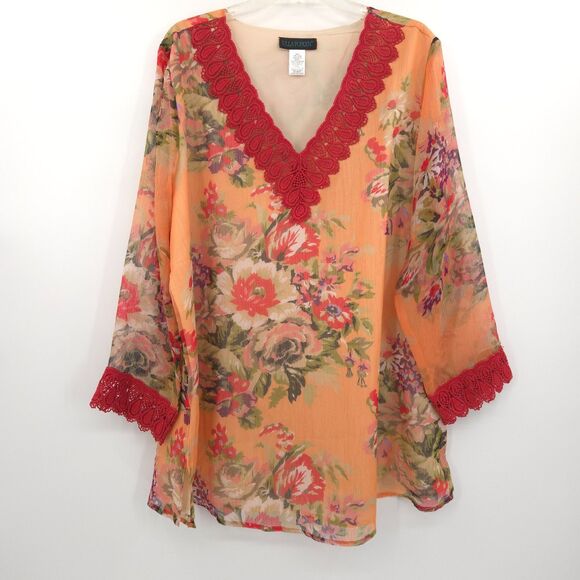Ulla Popken floral lace trim chiffon tunic top Plus Size 20/22 orange fall - Picture 1 of 8